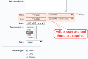 screen shot of booking form